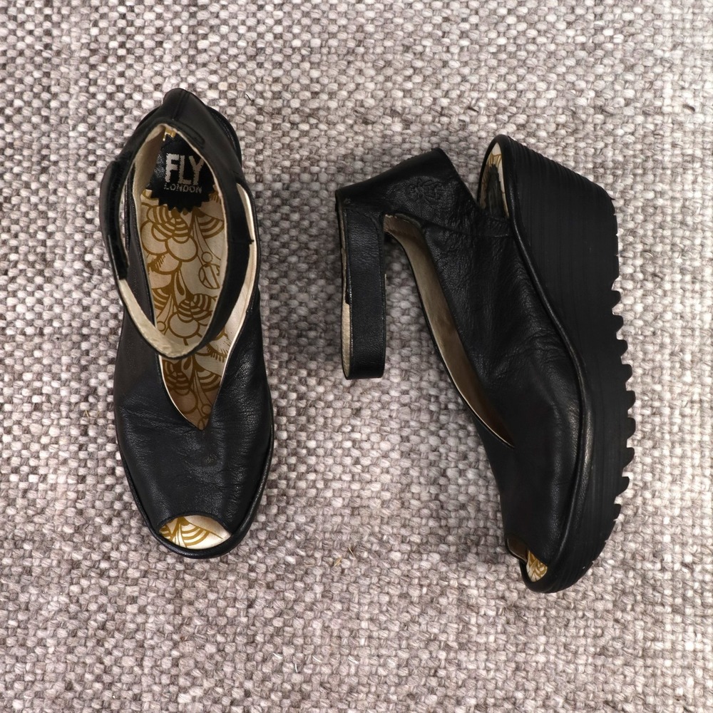 Fly London Yaya Black Leather Wedge Sandals Peep Toe Ankle Strap EU 38